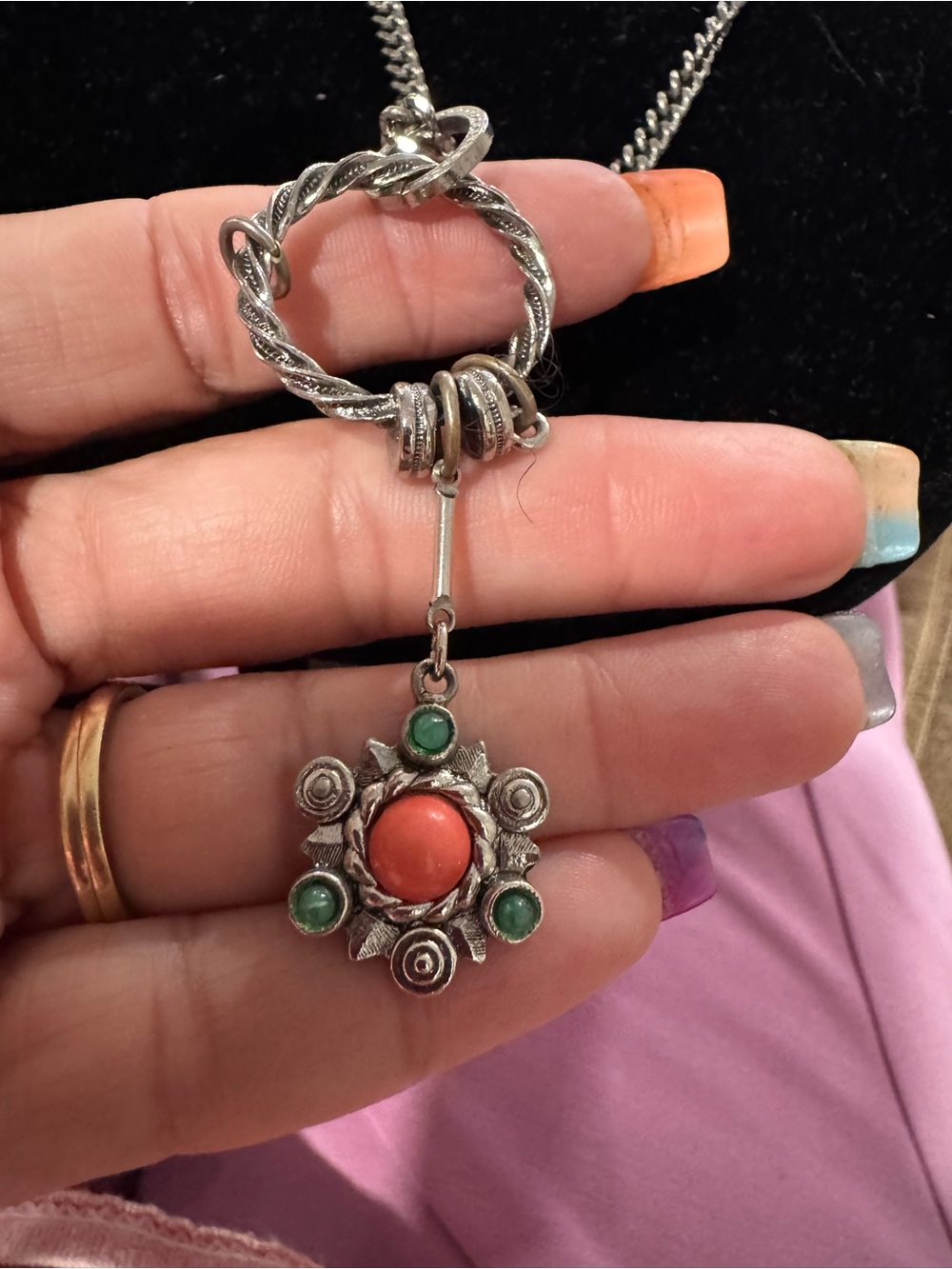 Silver Pendant Necklace with Coral Center and Green Accent Stones